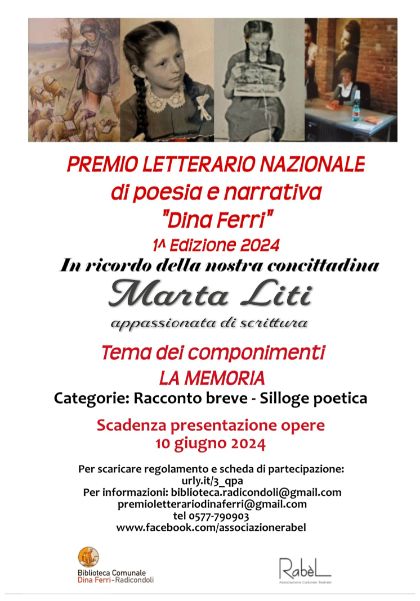 PREMIO LETTERARIO NAZIONALE “Dina Ferri” 1^ Edizione 2024 - In ricordo della nostra concittadina Marta Liti